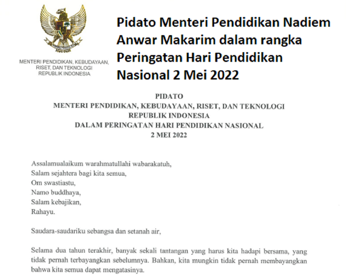 Pidato Menteri Pendidikan Nadiem Anwar Makarim dalam rangka Peringatan Hari Pendidikan Nasional 2 Mei 2022