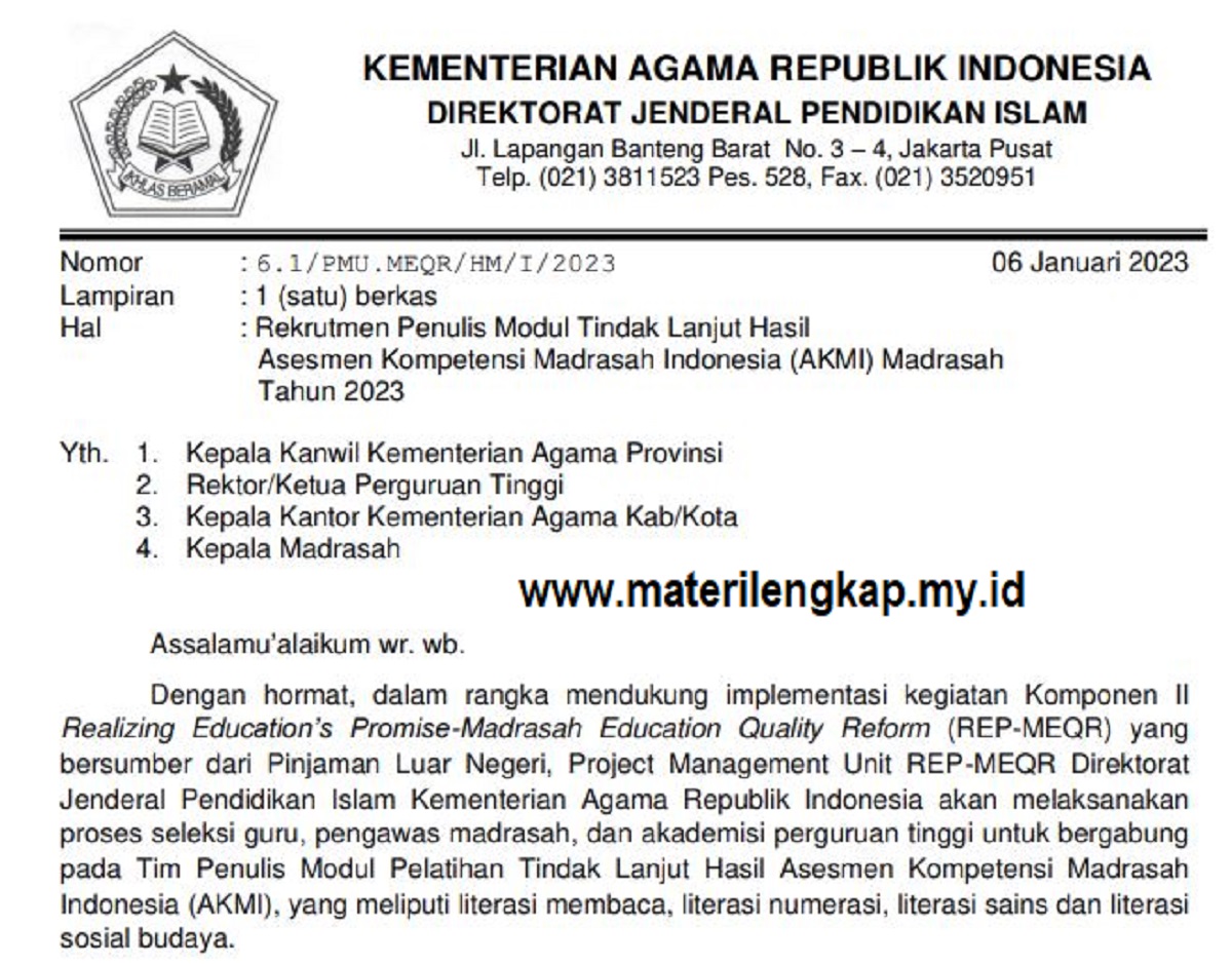 Rekrutmen Penulis Modul Tindak Lanjut Hasil Asesmen Kompetensi Madrasah Indonesia (AKMI) Madrasah Tahun 2023