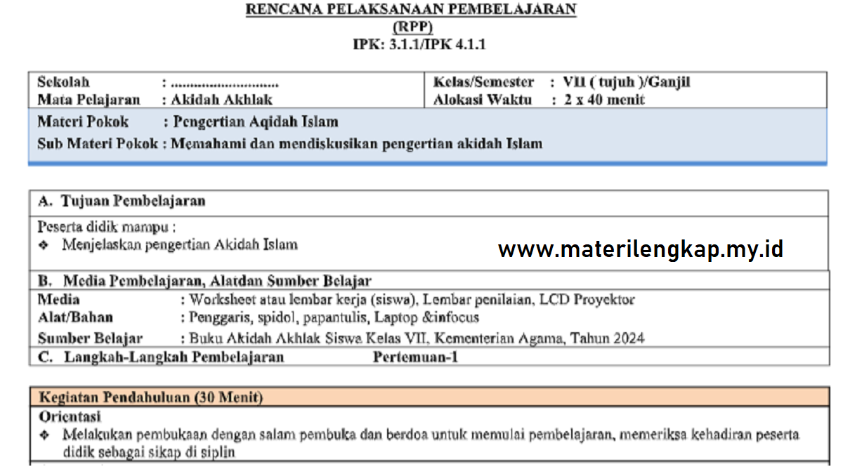 RPP Aqidah Akhlak Kelas 7 SMP/MTs Tentang Memahami dan Mendiskusikan Pengertian Akidah Islam