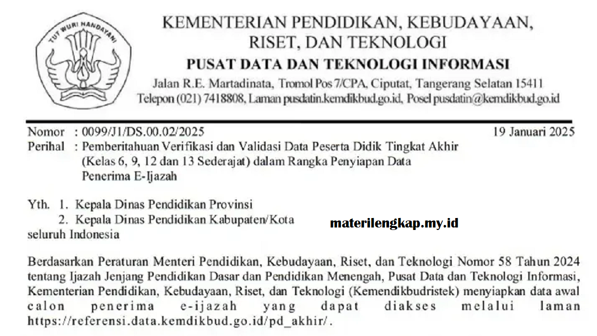 Persiapan Penerbitan E-Ijazah SD, SMP, SMA, dan SMK Tahun 2025: Verifikasi dan Validasi Data Peserta Didik