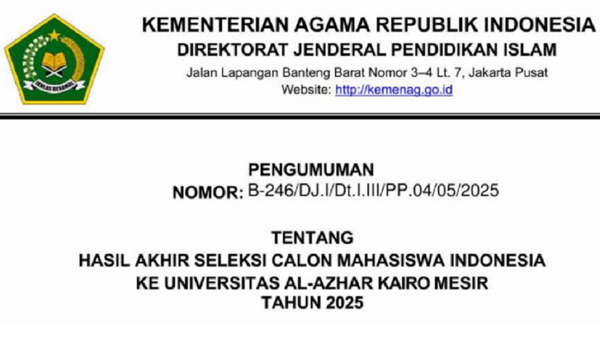 Hasil Akhir Seleksi Mahasiswa Indonesia ke Universitas Al-Azhar Mesir Tahun 2025 Diumumkan