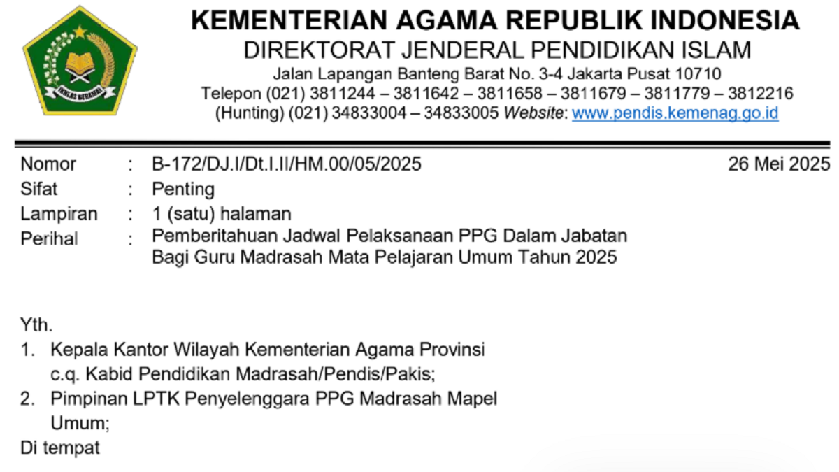Jadwal Pelaksanaan PPG Dalam Jabatan untuk Guru Madrasah Mapel Umum Tahun 2025 Telah Diumumkan