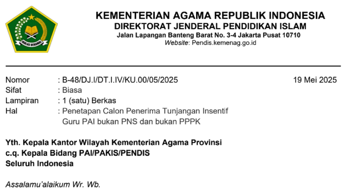 Pengumuman Penting: Penetapan Calon Penerima Tunjangan Insentif Guru PAI Bukan PNS dan PPPK Tahun 2025